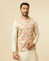 alt message - Manyavar Men Beige Multi Colored Grid Patterned Jacket Set image number 0