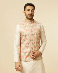 Manyavar Men Beige Multi Colored Grid Patterned Jacket Set