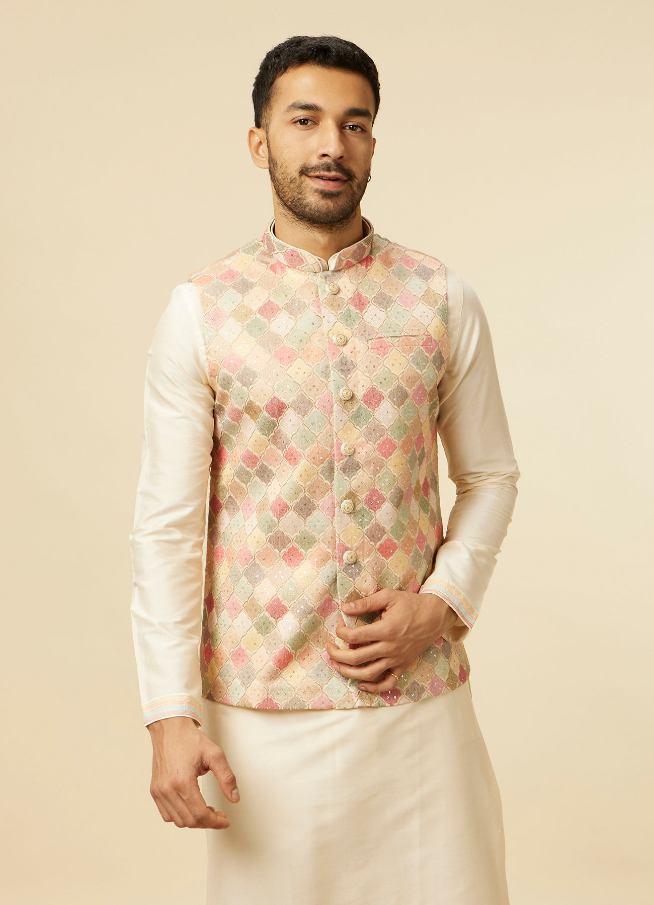 Manyavar Men Beige Multi Colored Grid Patterned Jacket Set