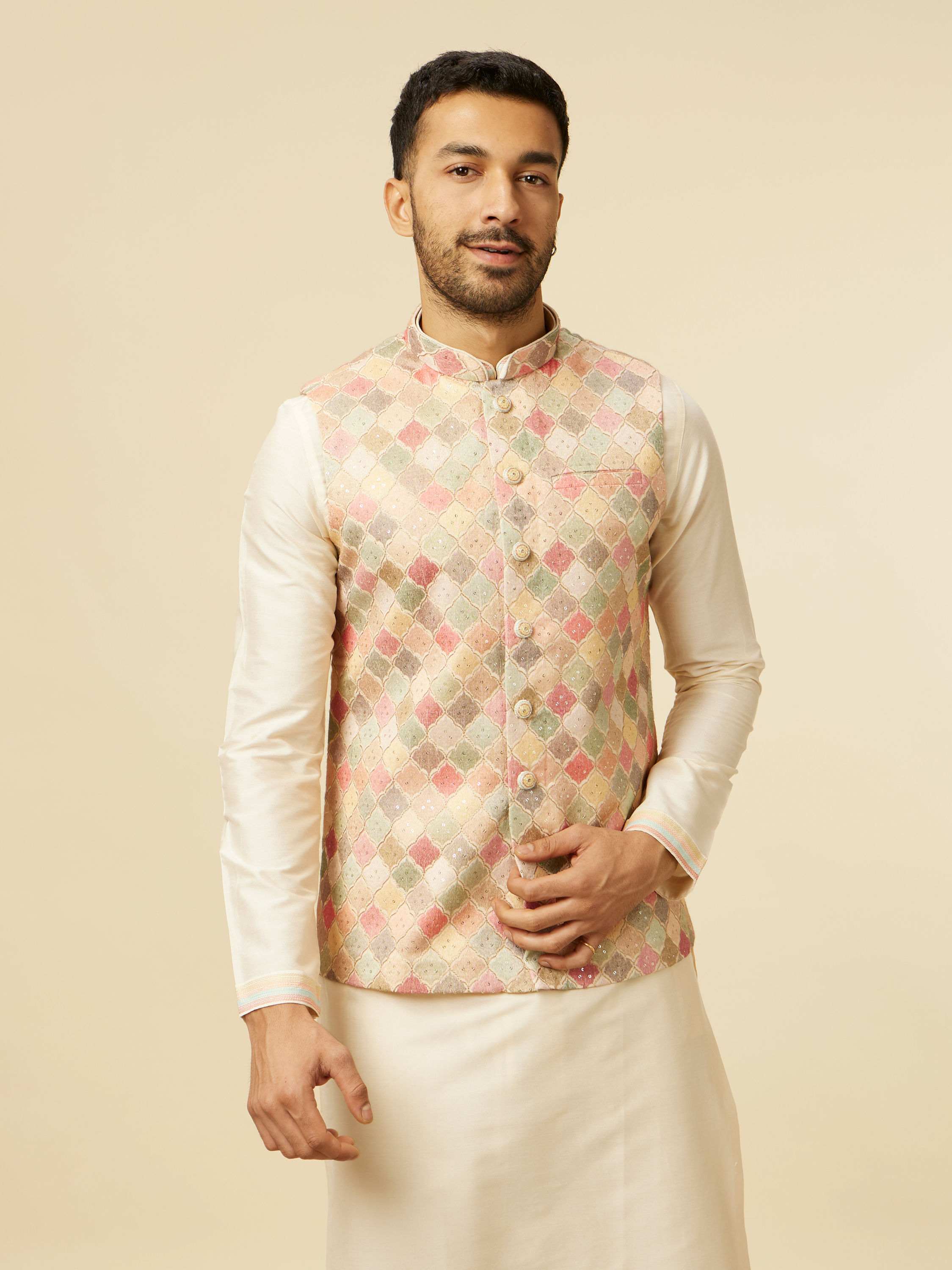 Manyavar Men Beige Multi Colored Grid Patterned Jacket Set