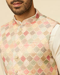 Manyavar Men Beige Multi Colored Grid Patterned Jacket Set