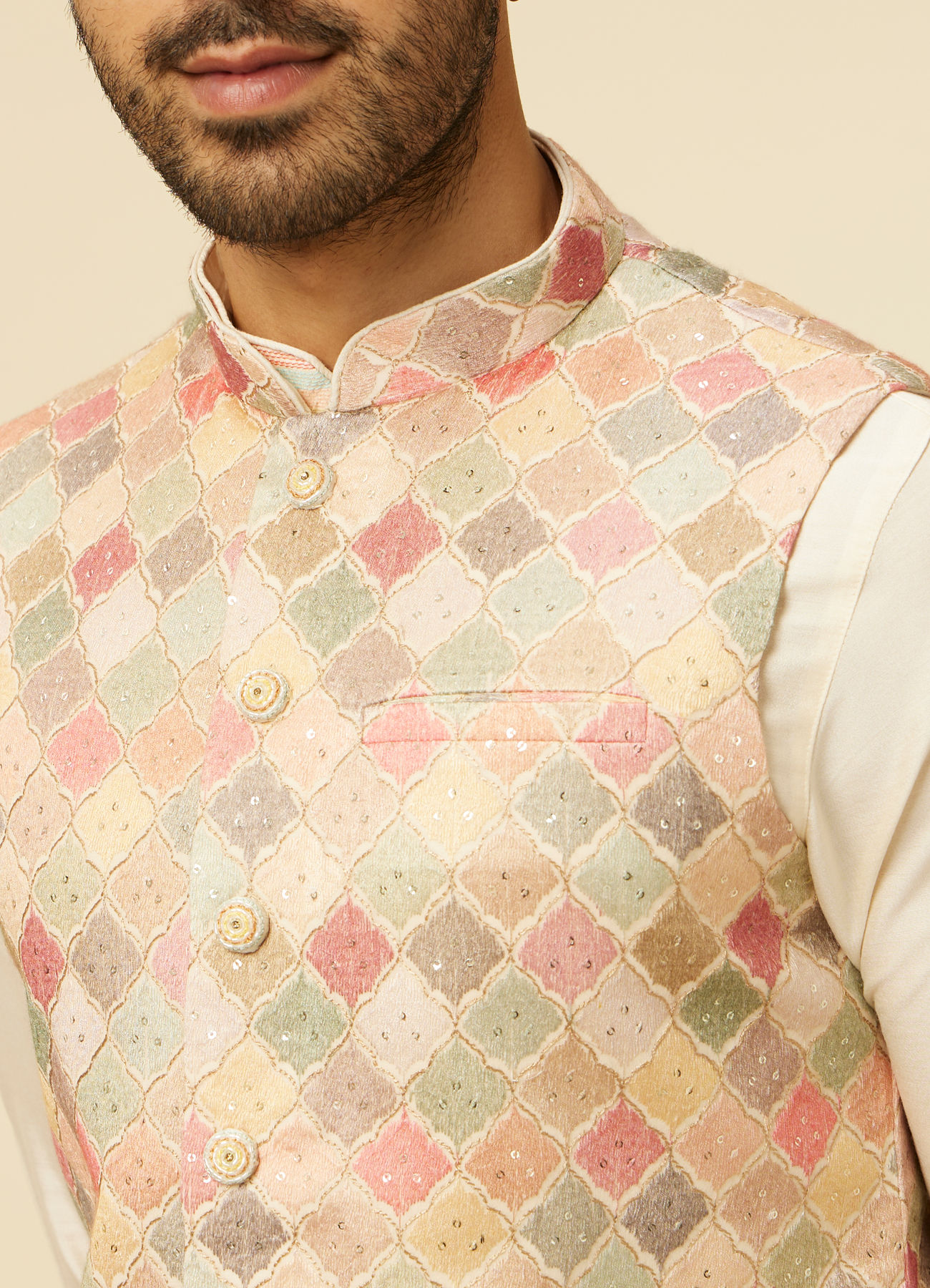 Manyavar Men Beige Multi Colored Grid Patterned Jacket Set