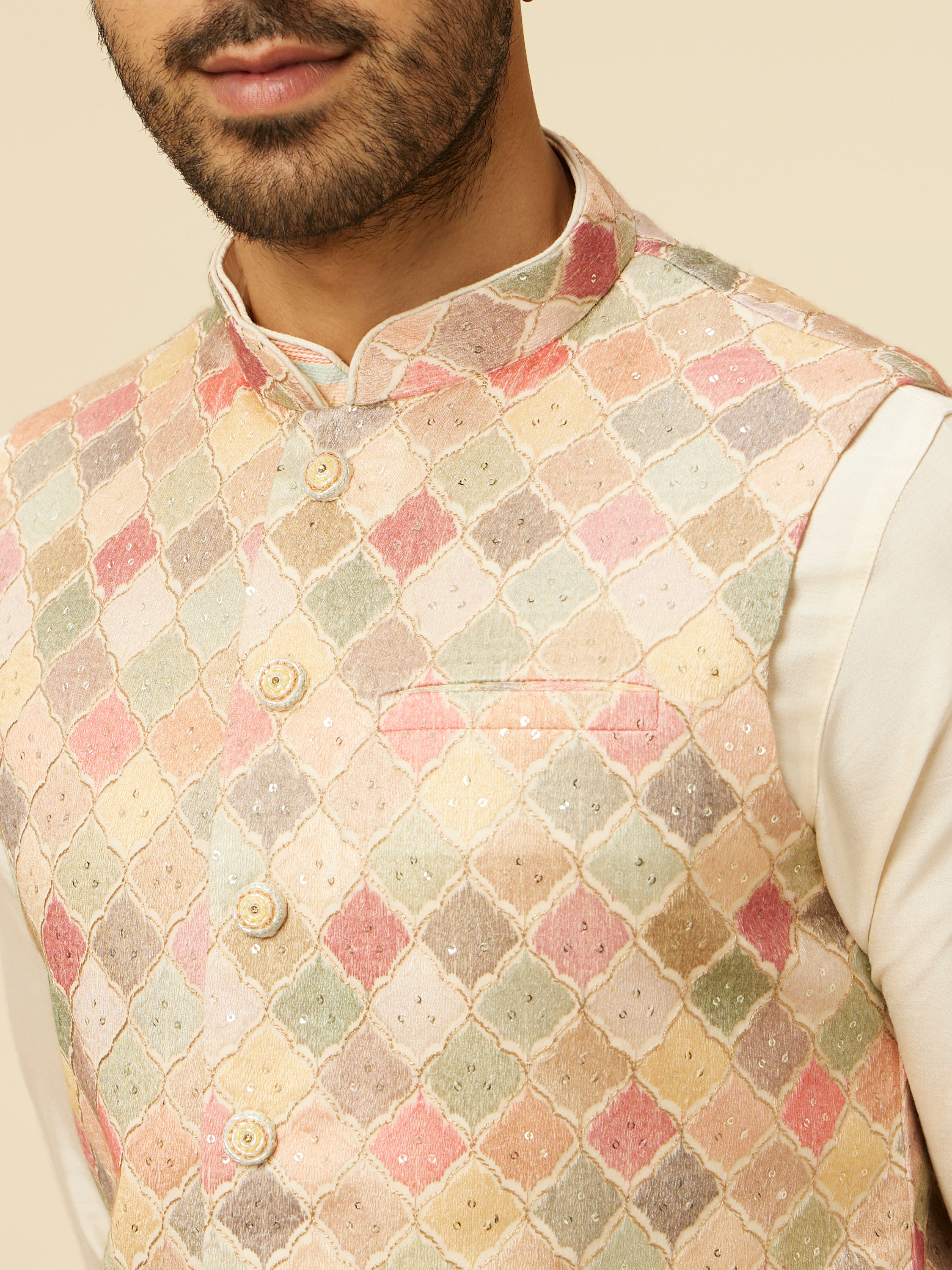 Manyavar Men Beige Multi Colored Grid Patterned Jacket Set