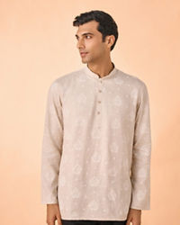 Manyavar Men Beige Blended Linen Short Kurta