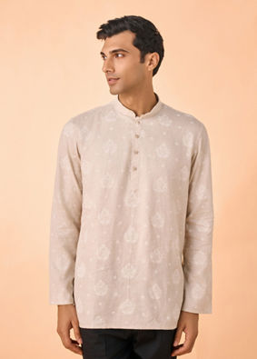 Manyavar Men Beige Blended Linen Short Kurta