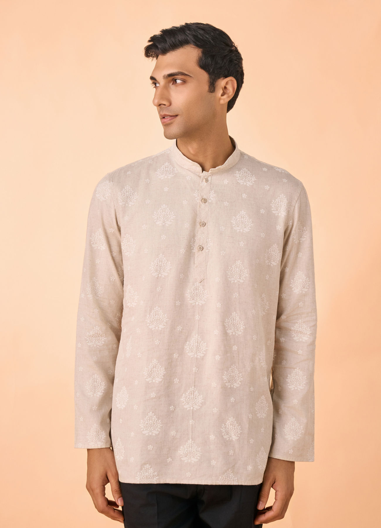 Manyavar Men Beige Blended Linen Short Kurta
