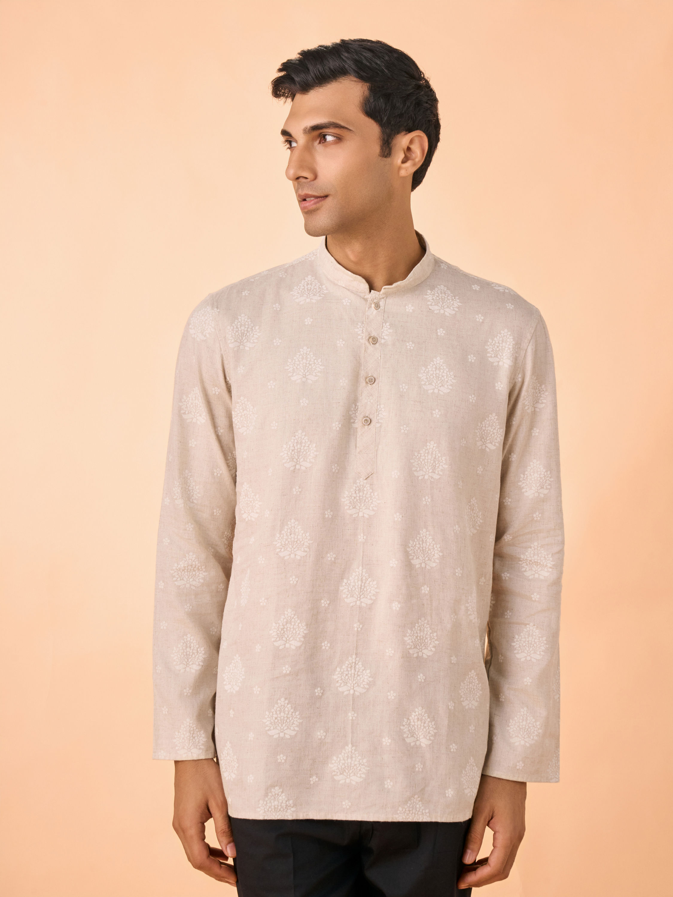 Manyavar Men Beige Blended Linen Short Kurta