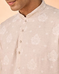 Manyavar Men Beige Blended Linen Short Kurta