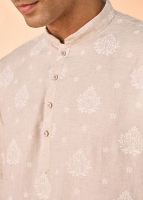 Manyavar Men Beige Blended Linen Short Kurta