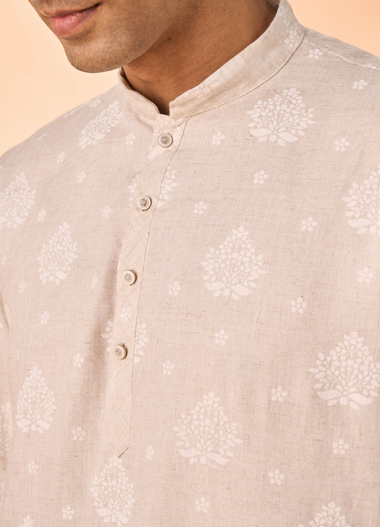 Manyavar Men Beige Blended Linen Short Kurta