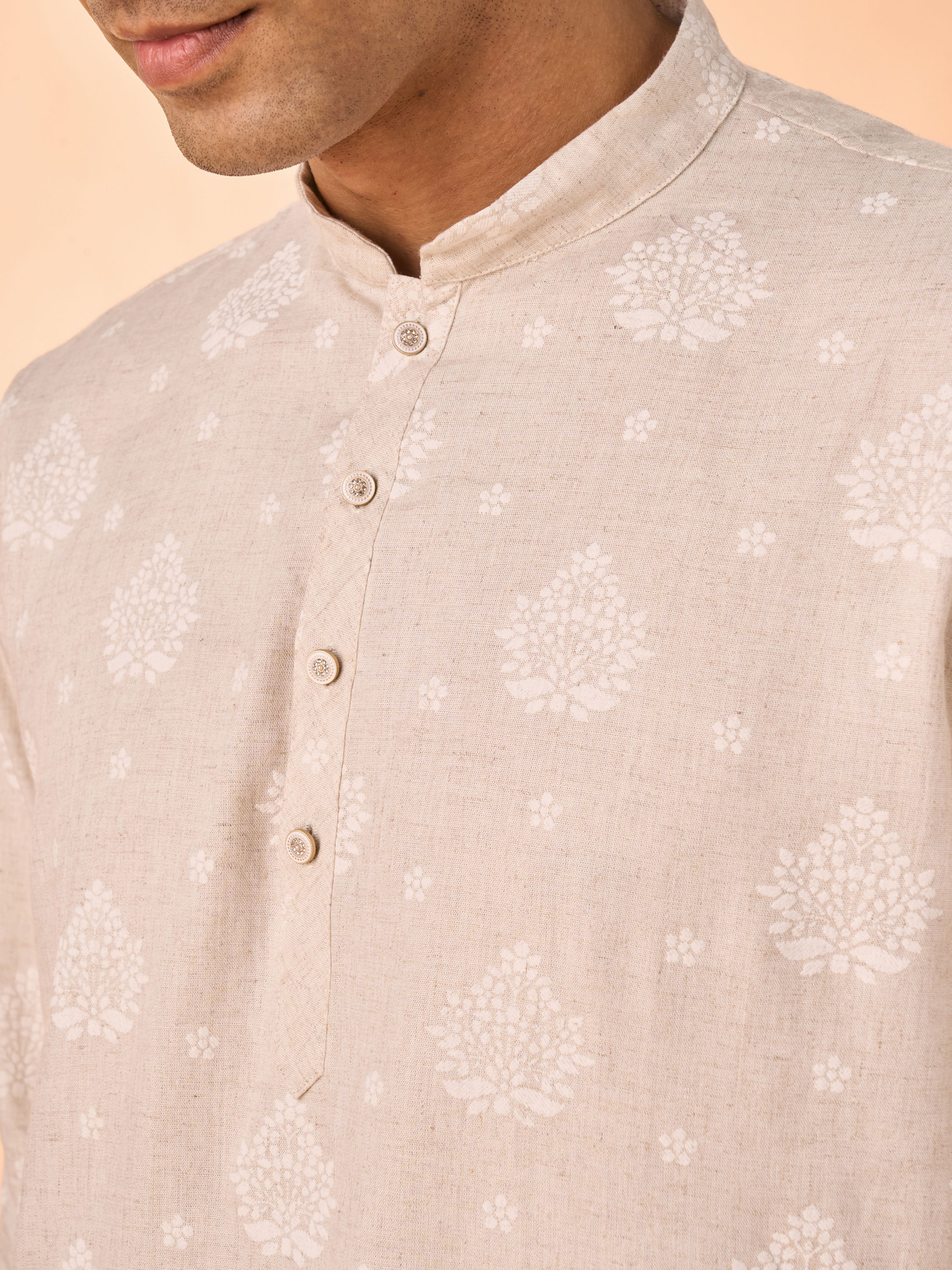 Manyavar Men Beige Blended Linen Short Kurta