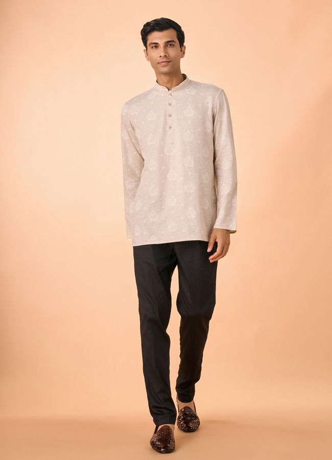 Manyavar Men Beige Blended Linen Short Kurta
