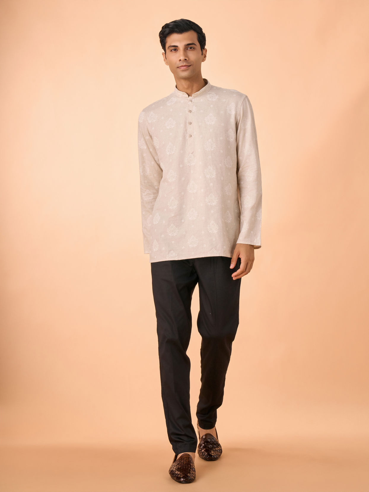 Manyavar Men Beige Blended Linen Short Kurta