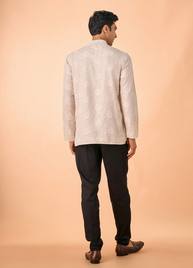 Manyavar Men Beige Blended Linen Short Kurta