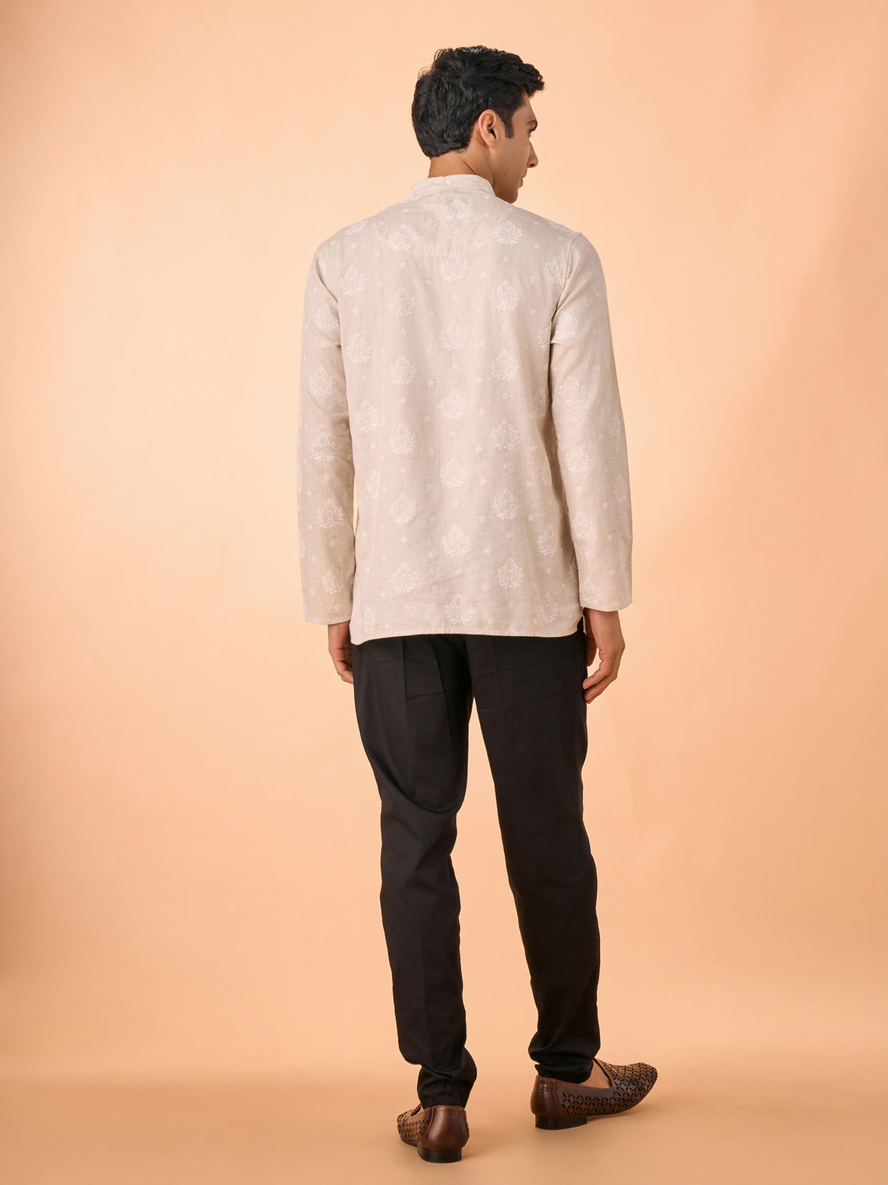 Manyavar Men Beige Blended Linen Short Kurta