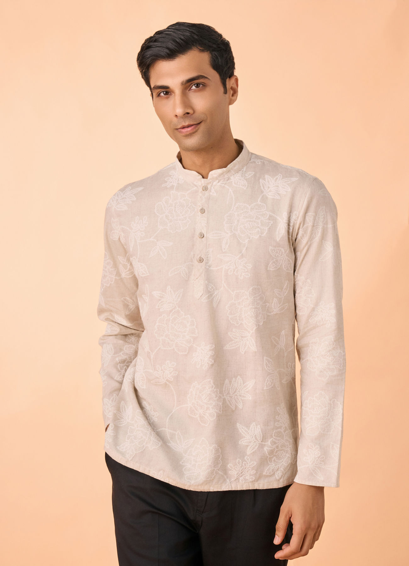Manyavar Men Glamorous Beige Linen Short Kurta