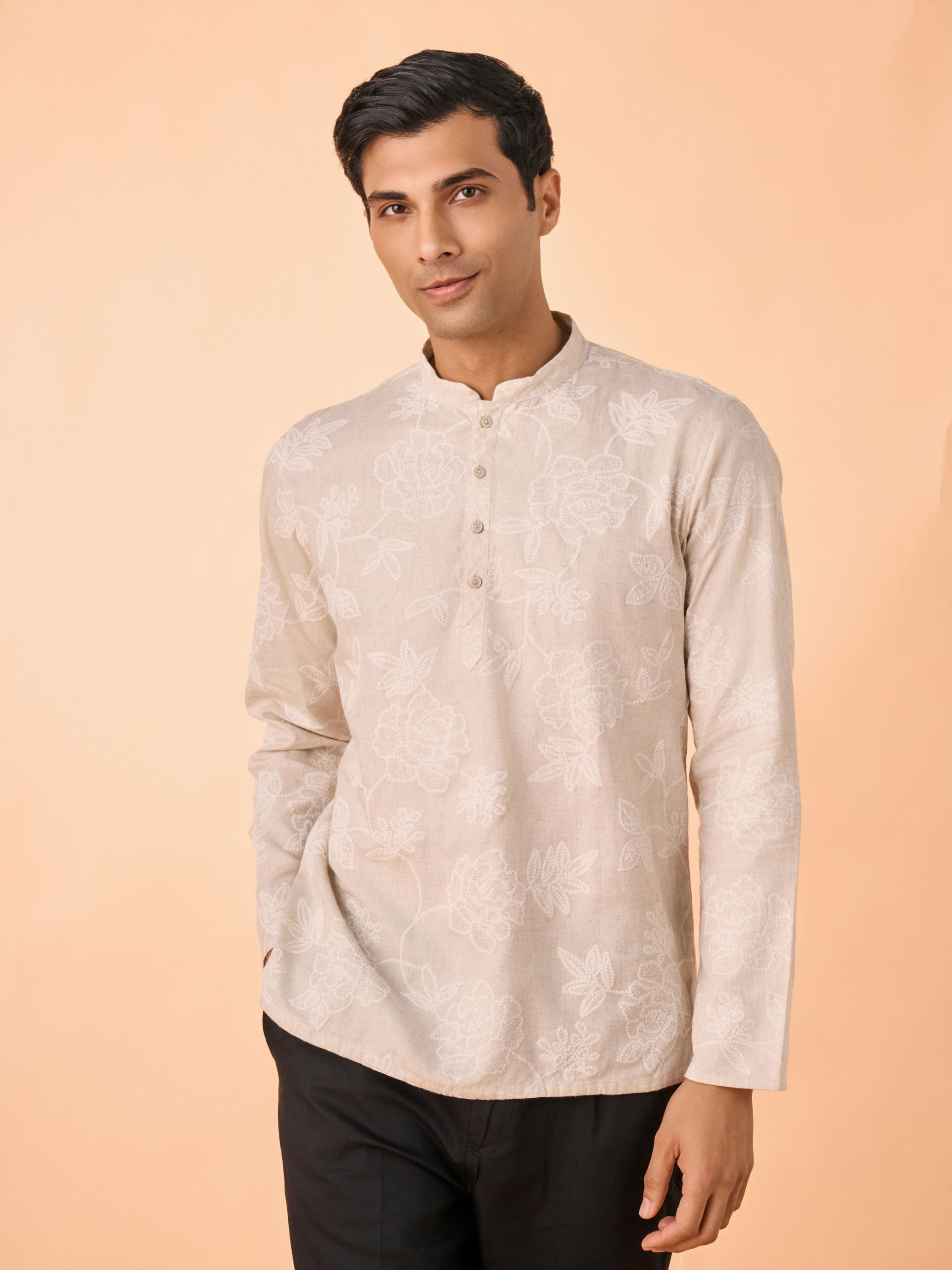 Manyavar Men Glamorous Beige Linen Short Kurta