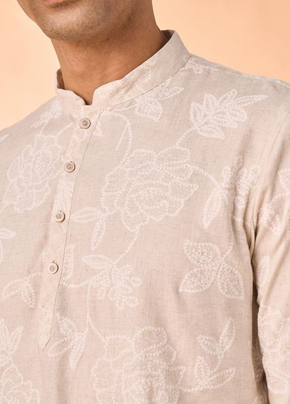 Manyavar Men Glamorous Beige Linen Short Kurta