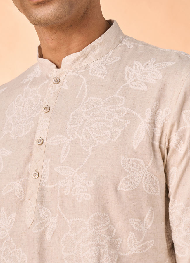 Manyavar Men Glamorous Beige Linen Short Kurta