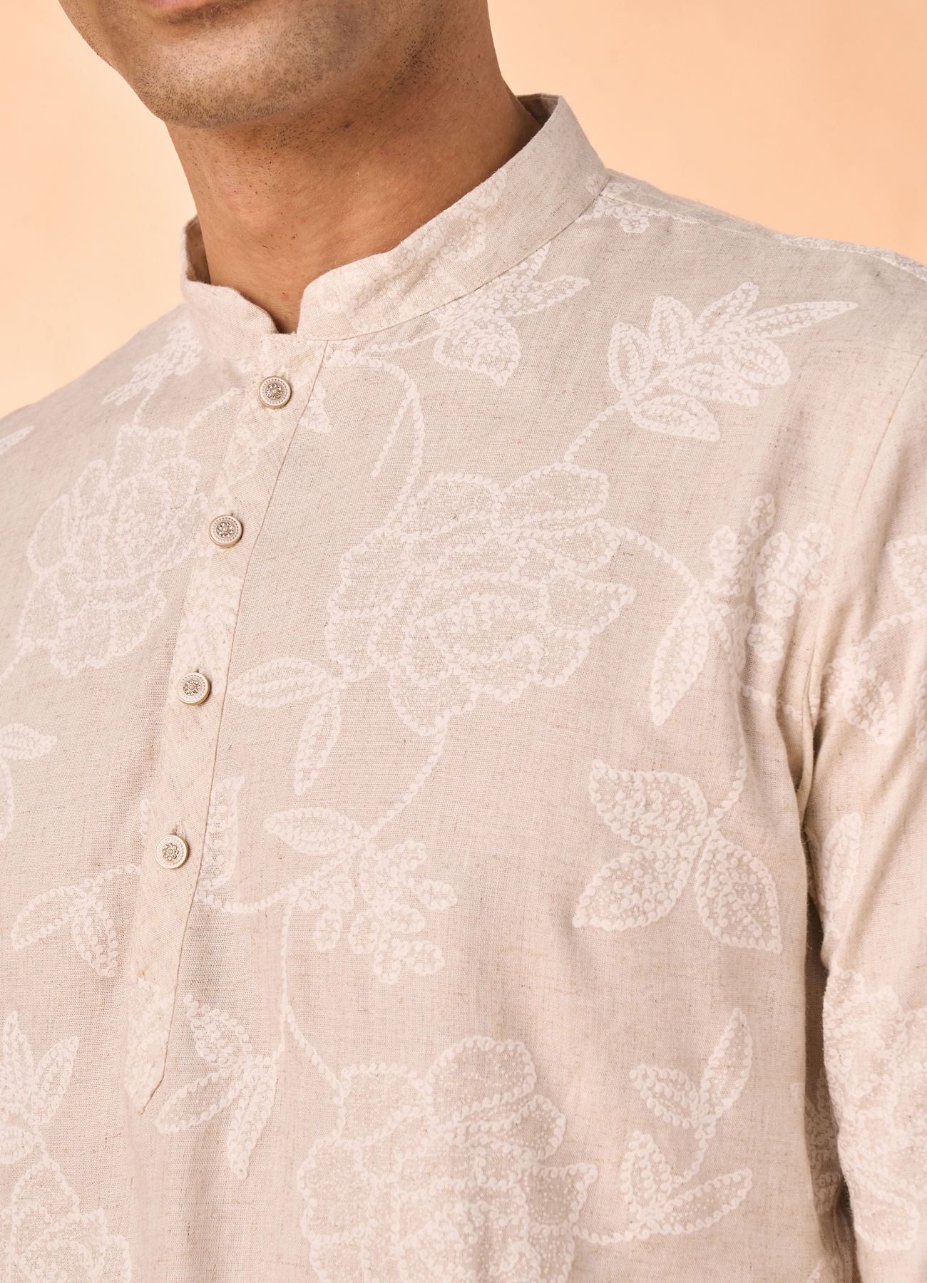 Manyavar Men Glamorous Beige Linen Short Kurta