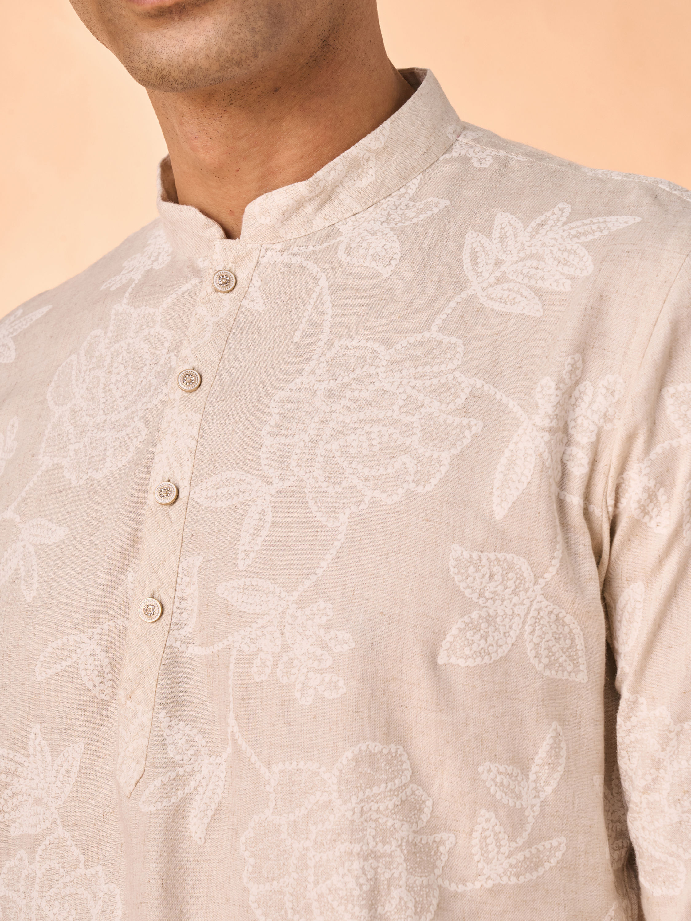 Manyavar Men Glamorous Beige Linen Short Kurta