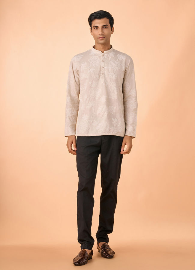 Manyavar Men Glamorous Beige Linen Short Kurta