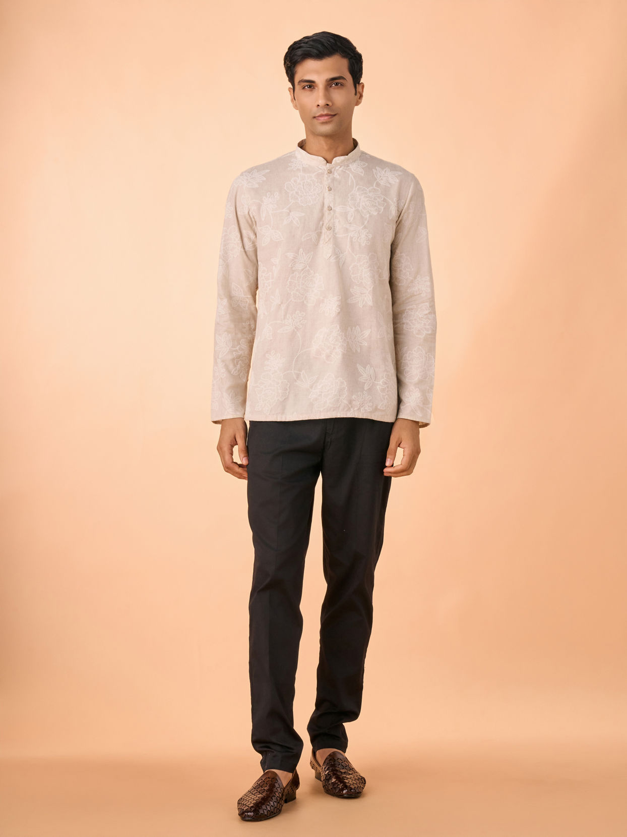 Manyavar Men Glamorous Beige Linen Short Kurta