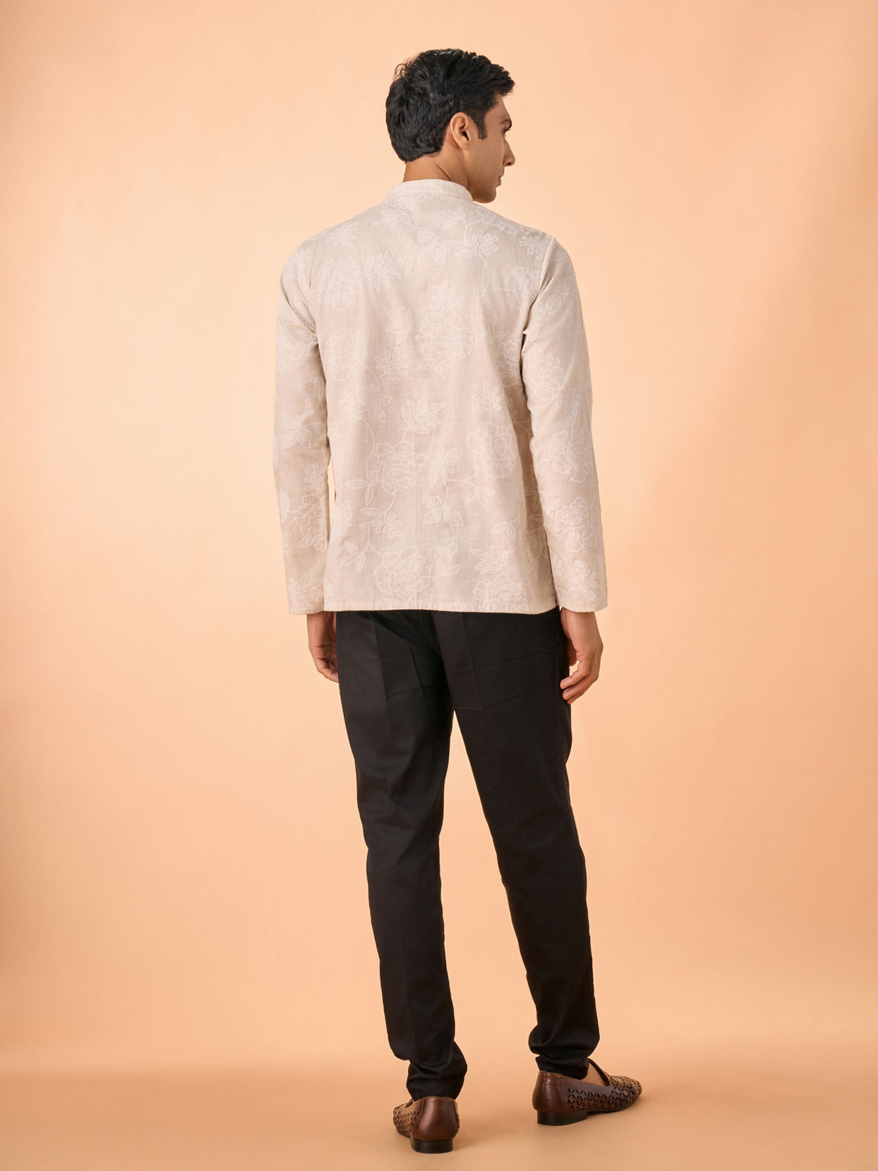 Manyavar Men Glamorous Beige Linen Short Kurta