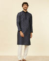 Manyavar Men Dark Blue Kurta Set With Black Collar And Cuff