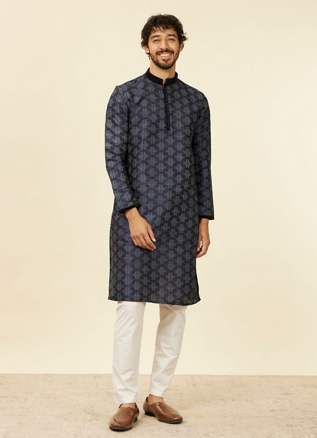 Manyavar Men Dark Blue Kurta Set With Black Collar And Cuff