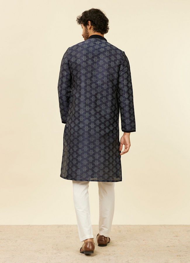 Manyavar Men Dark Blue Kurta Set With Black Collar And Cuff
