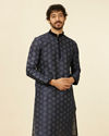 alt message - Manyavar Men Dark Blue Kurta Set With Black Collar And Cuff image number 0