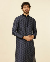 Manyavar Men Dark Blue Kurta Set With Black Collar And Cuff