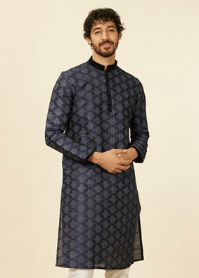 alt message - Manyavar Men Dark Blue Kurta Set With Black Collar And Cuff image number 0