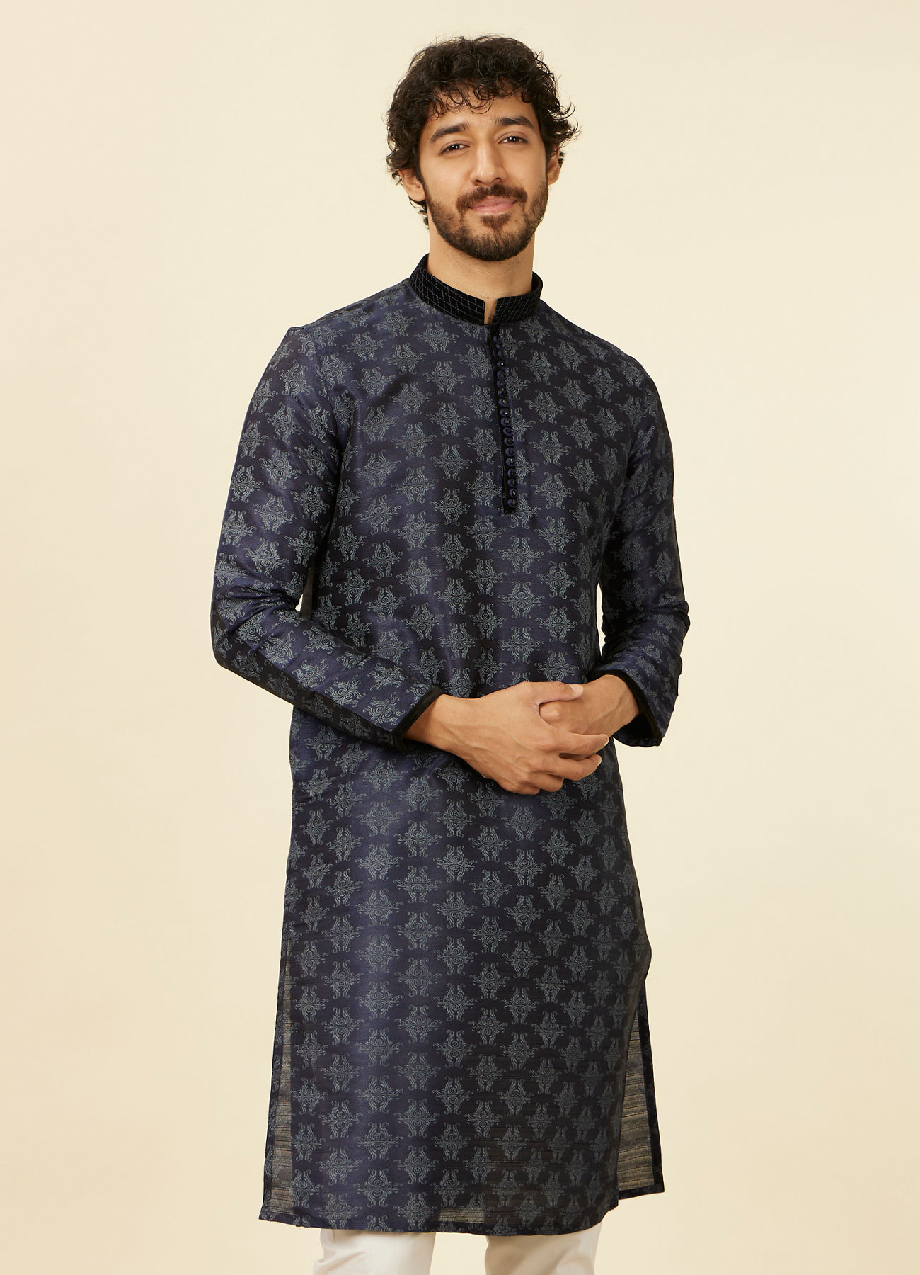 Manyavar Men Dark Blue Kurta Set With Black Collar And Cuff