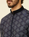 alt message - Manyavar Men Dark Blue Kurta Set With Black Collar And Cuff image number 1