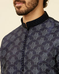 Manyavar Men Dark Blue Kurta Set With Black Collar And Cuff