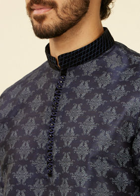 Manyavar Men Dark Blue Kurta Set With Black Collar And Cuff