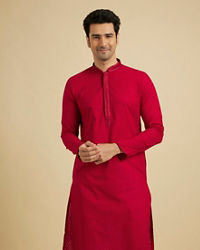 Manyavar Men Scarlet Red Kurta Set With Neck Detailing