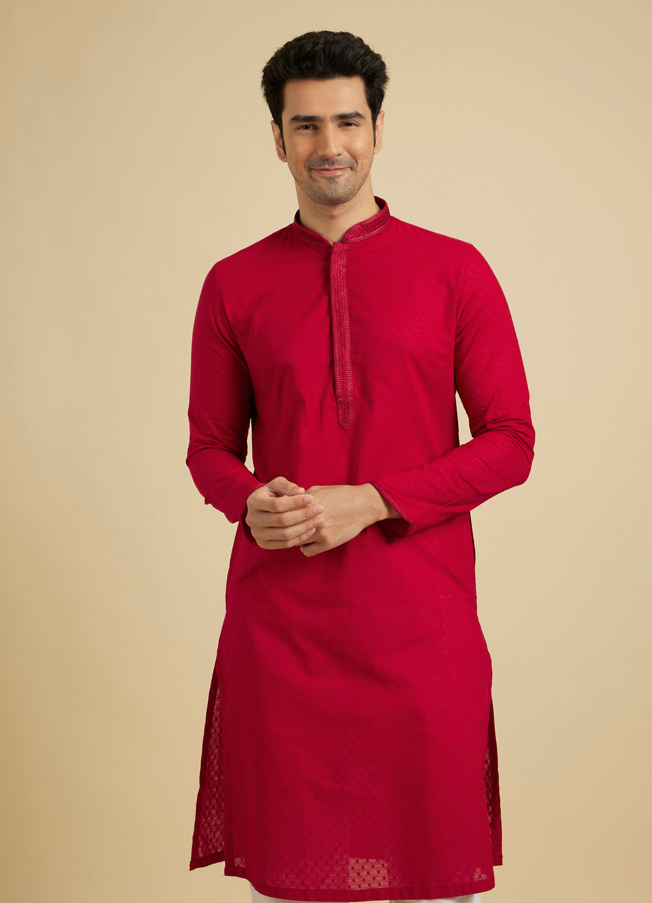 Manyavar Men Scarlet Red Kurta Set With Neck Detailing