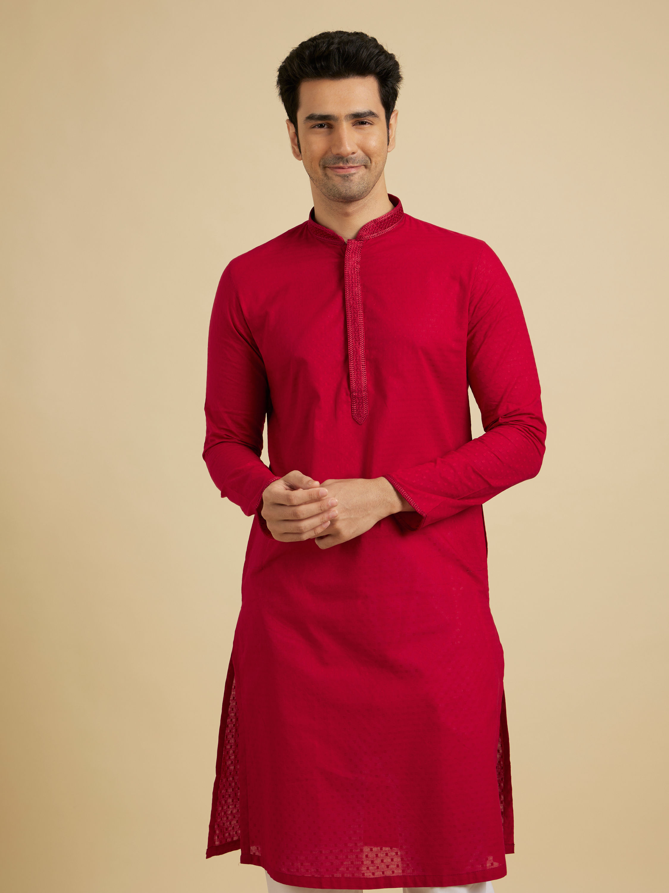 Manyavar Men Scarlet Red Kurta Set With Neck Detailing