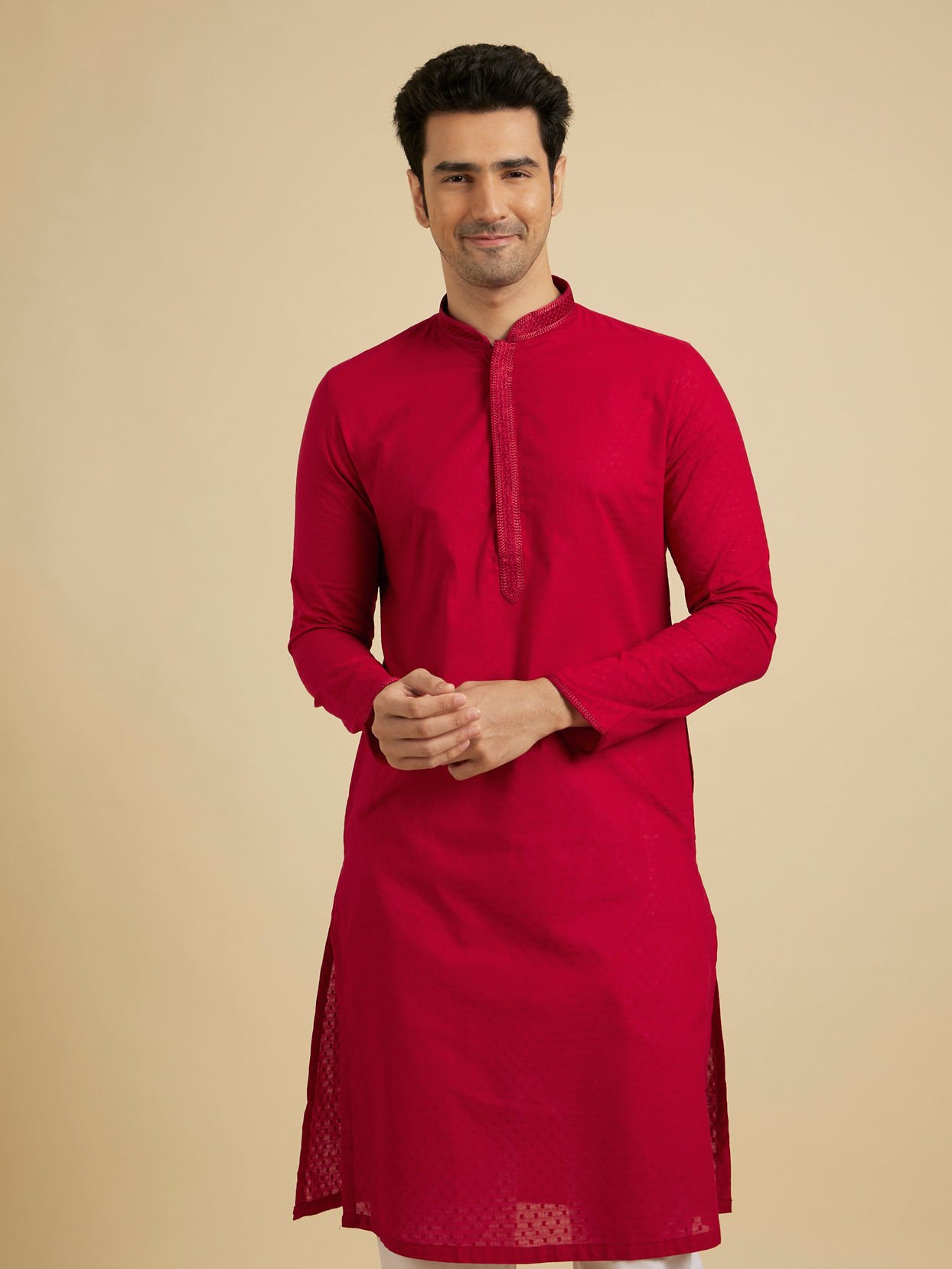 alt message - Manyavar Men Scarlet Red Kurta Set With Neck Detailing image number 0