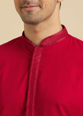 Manyavar Men Scarlet Red Kurta Set With Neck Detailing