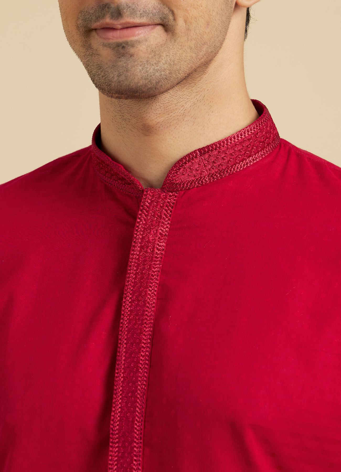 Manyavar Men Scarlet Red Kurta Set With Neck Detailing