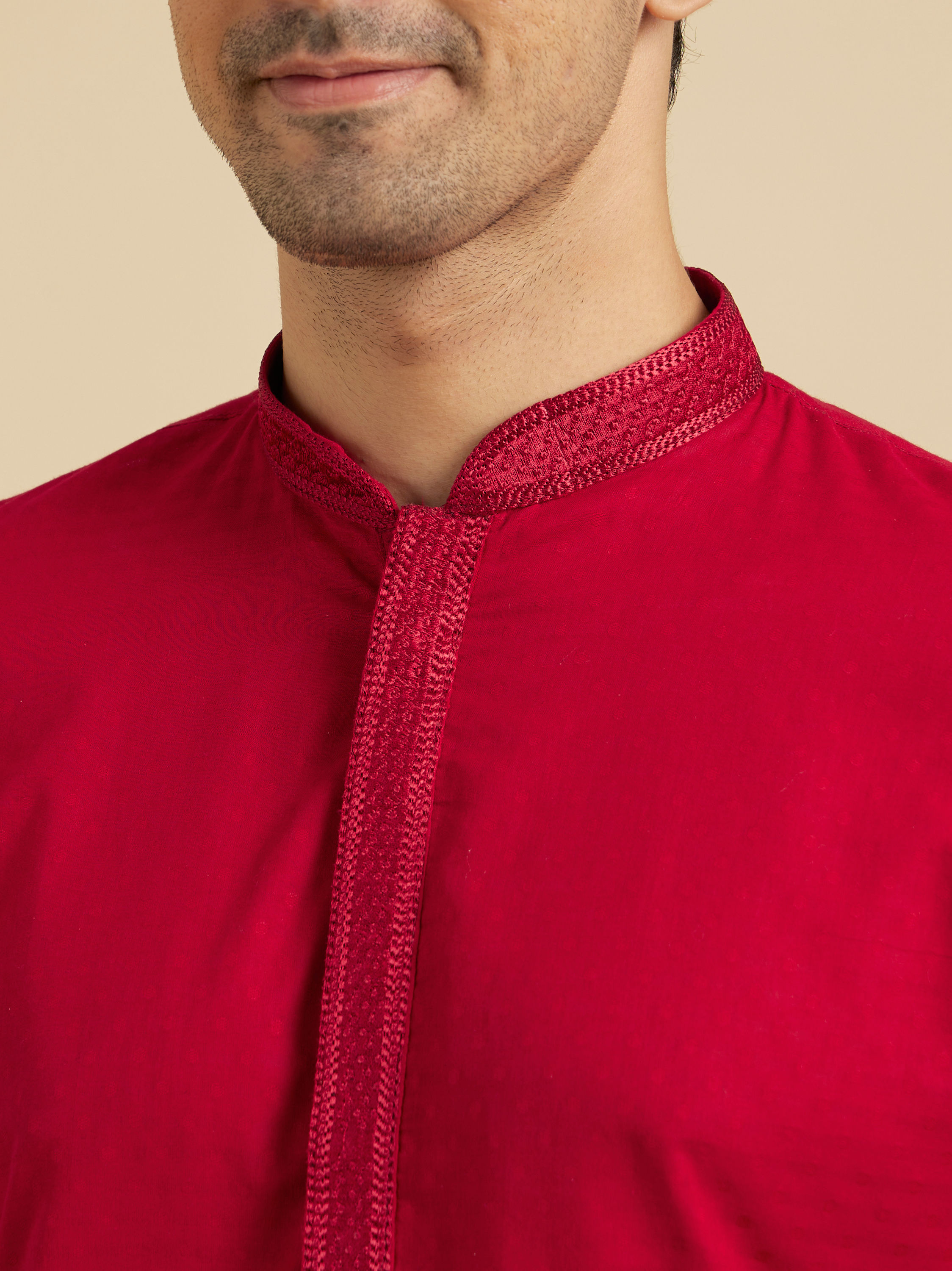 Manyavar Men Scarlet Red Kurta Set With Neck Detailing