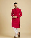 alt message - Manyavar Men Scarlet Red Kurta Set With Neck Detailing image number 2