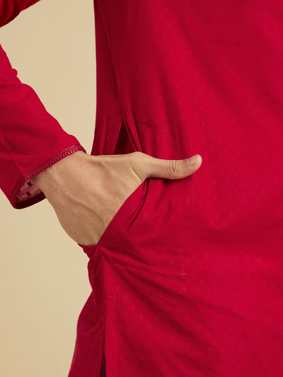 Manyavar Men Scarlet Red Kurta Set With Neck Detailing