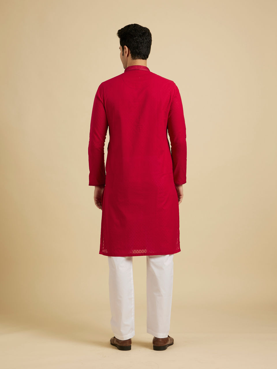 Manyavar Men Scarlet Red Kurta Set With Neck Detailing