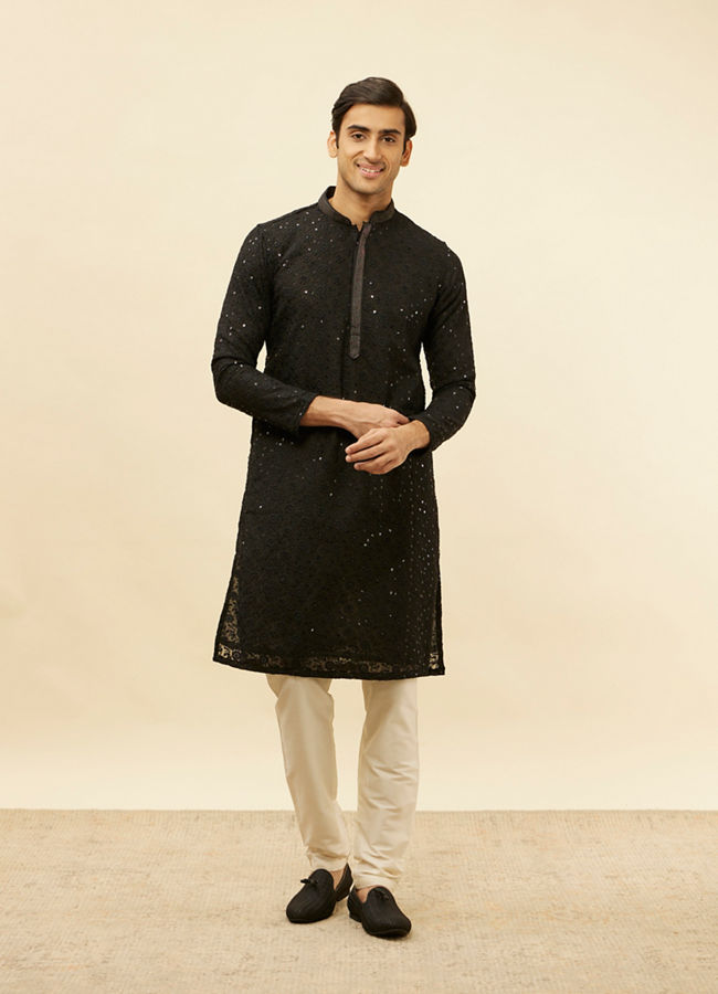 alt message - Manyavar Men Jet Black Chikankari Sequinned Kurta Set image number 2