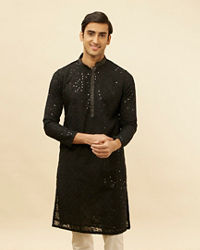 alt message - Manyavar Men Jet Black Chikankari Sequinned Kurta Set image number 0